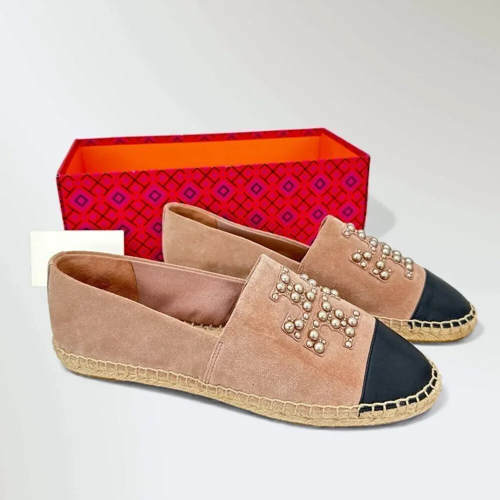 Tory Burch Pearl Logo Espadrille Flats Sensory MFO Suede Meadowsweet Womens 10